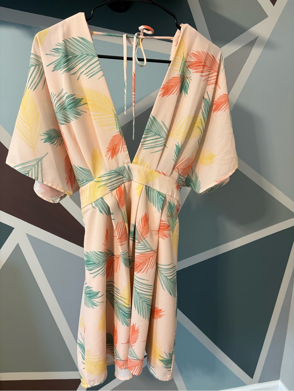 Flutter Sleeve Mini Dress in Peach with Tropical Leaf Print
